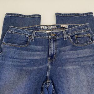 Harley Davidson Womens Curvy Bootcut Blue Jeans 32 X30  Whiskered Denim Med Wash
